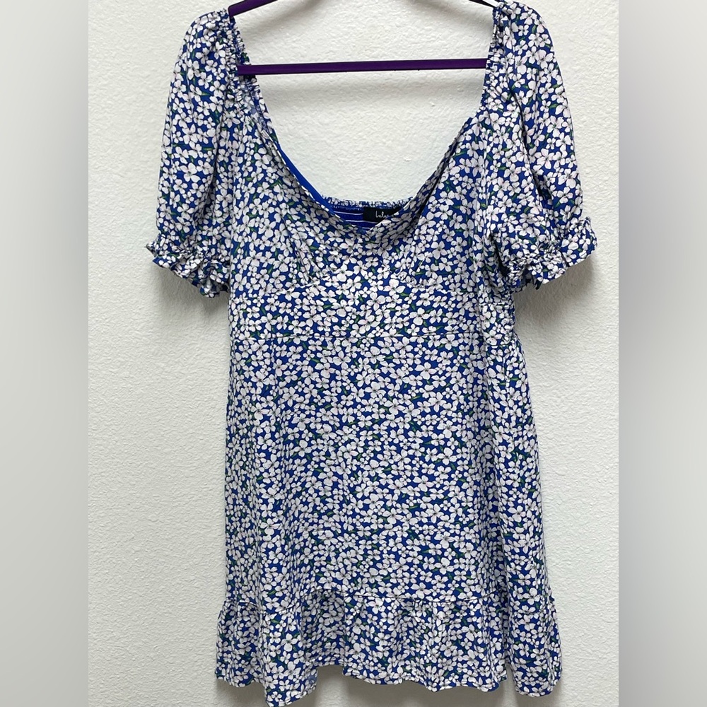 Lulus Women’s XL Floral Blue Dress with Puff Sleeves White Blossom Flowers
